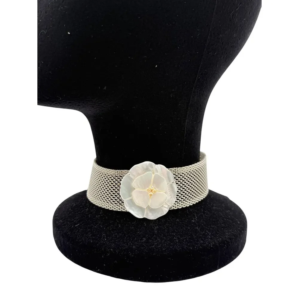 CHANEL Camellia with mesh silver choker collar.